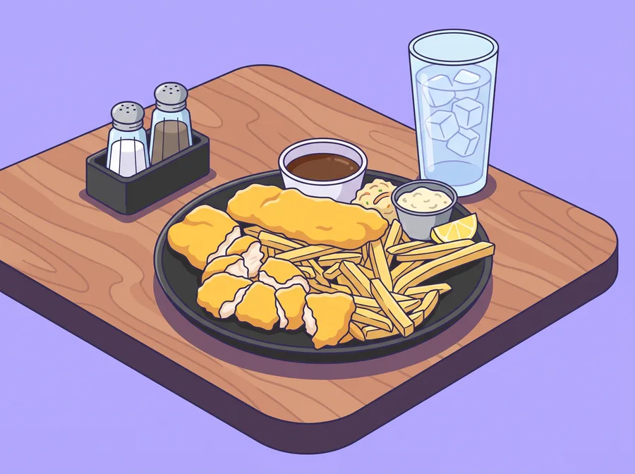 Fish and chips on a wooden table