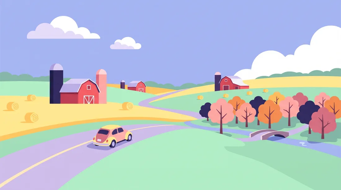 Country road through farmland with red barns