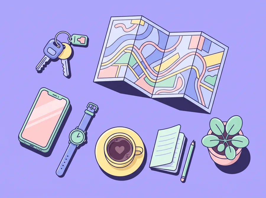 Car keys, road map, phone, watch and coffee on a table